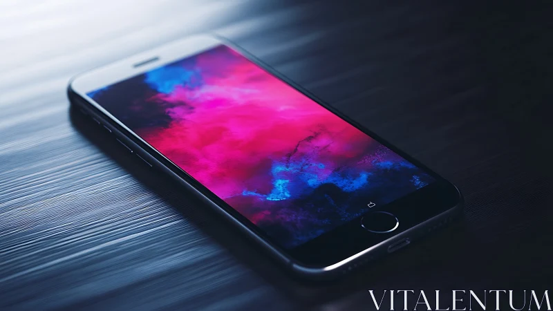 Gradient-rendered smartphone with chromatic fluid dynamics display.