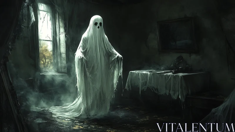 Ghostly figure haunts a decaying room shrouded in eerie mist