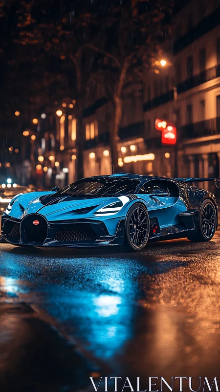 Blue hypercar on wet city street at night in rainfall.