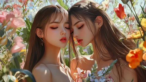 Two Figures in Luminous Floral Environment: Digital Portrait Study.