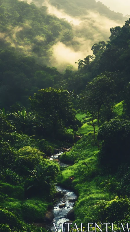 Photorealistic misty rainforest valley with winding streamscape.