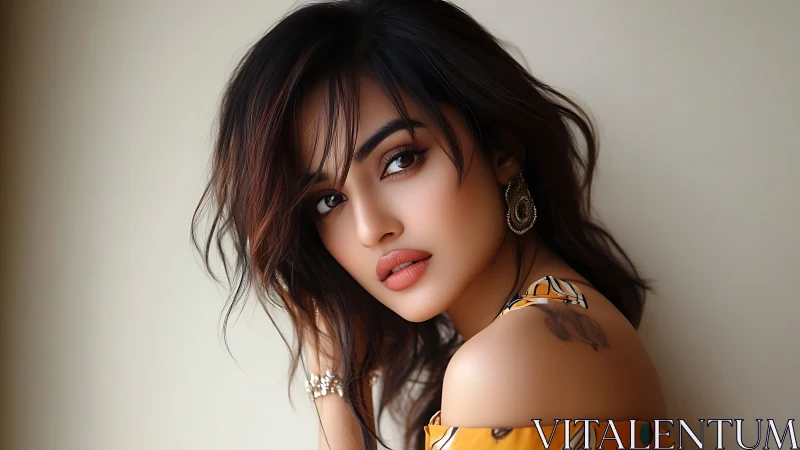 Portrait of woman with shoulder tattoo and neutral backdrop.