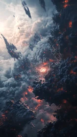 Fiery celestial core amid dark drifting cosmic cliffs.