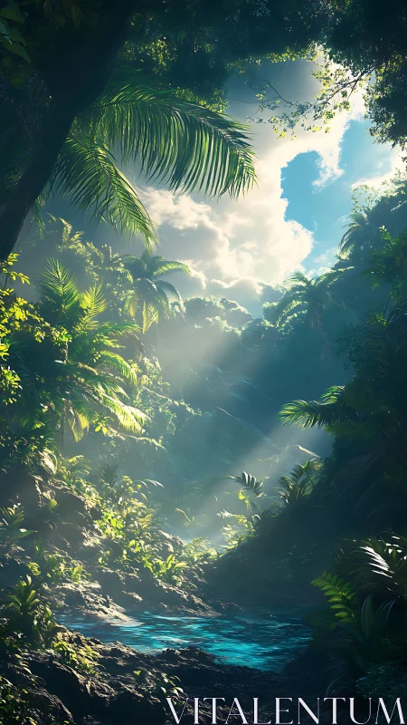 Sunlit jungle pool glowing beneath a peaceful green canopy.