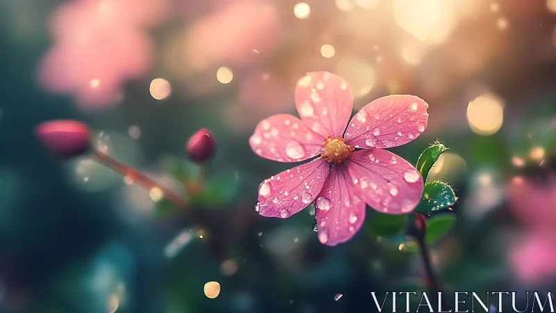 Pink Flower with Raindrops and Bokeh Background.