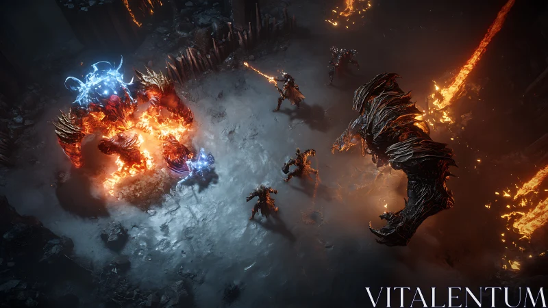 Heroic warriors battle elemental demons amid erupting fire