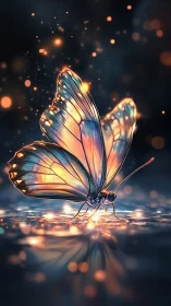 Luminous butterfly close-up in reflective bokeh environment.