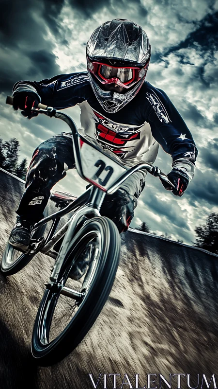 High-speed BMX rider carving the track under stormy skies.