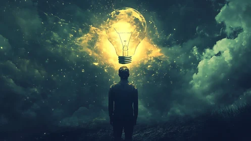 Glowing idea drifts above a dreamer in a moody night sky