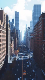 Elevated view shows straight urban avenue framed by towers
