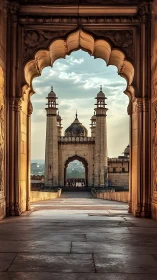 Layered Mughal archways frame distant domes in warm dusk light