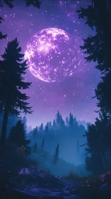 Glowing violet moon over misty evergreen forest valley.