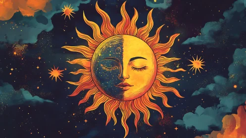 Dreamy sun and moon face resting in a painted night sky.