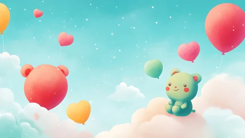 Cute green teddy floats among pastel heart balloons in sky