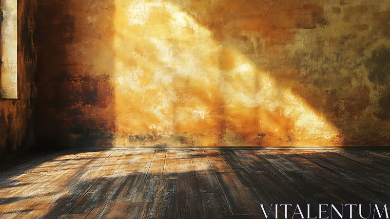 Sunlit textured wall casts diagonal light across wood floor