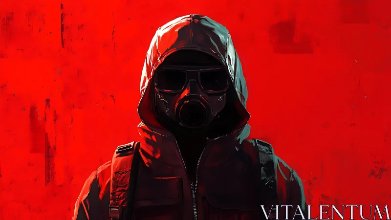 Hooded figure in gas mask rendered against stark red field