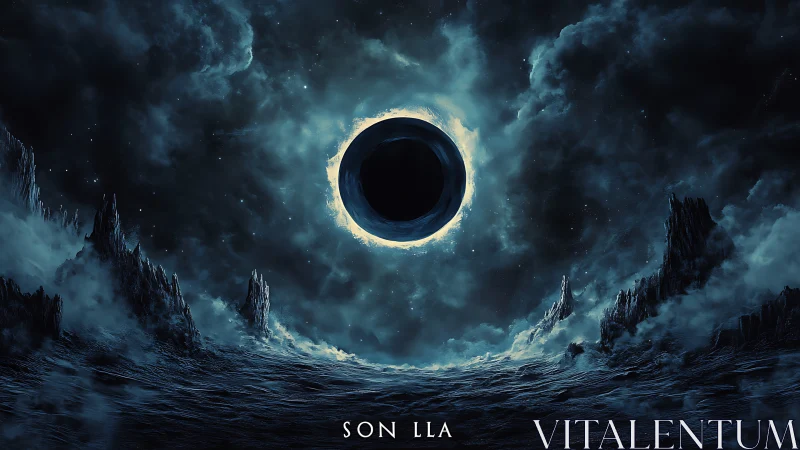 Eclipsed cosmic void above jagged alien seascape horizon.