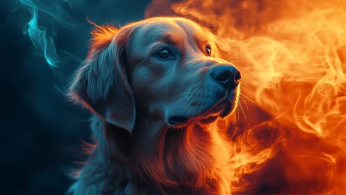 Fire and Ice Dog Portrait with Mystical Energy Effect.