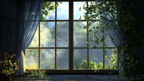 Sunlit forest leans through a window to borrow the room