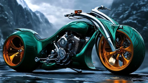 Emerald mountain chopper glowing with molten gold wheels.