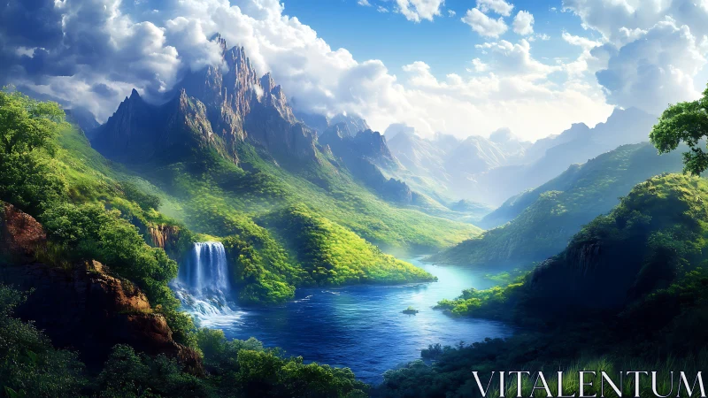 Verdant river valley beneath luminous jagged peaks.