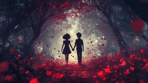 Silhouetted Figures in Luminescent Red Petal Landscape.