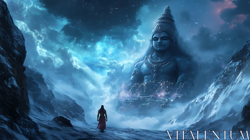 Pilgrim of light walking toward a vast cosmic guardian.