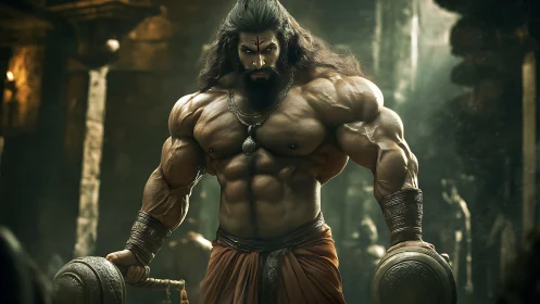 Temple titan steadies twin maces beneath molten torchlight