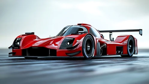 Red endurance race car rendered on slick wet track.