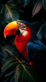 Scarlet and blue toucan perched amid dark jungle leaves.