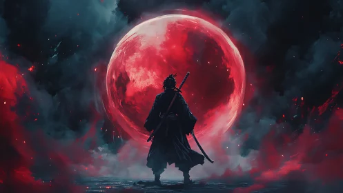 Lone night warrior beneath a blazing crimson moonscape.