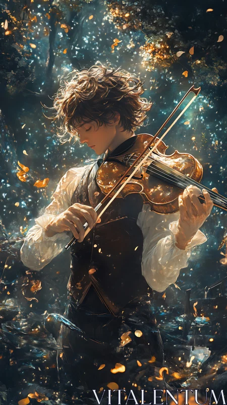 Violinist commands glowing forest with swirling golden light.