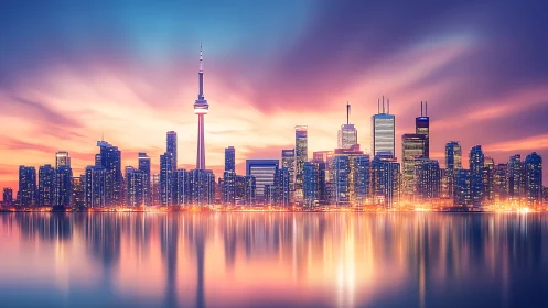 Digital painting skyline with luminous waterfront reflections.