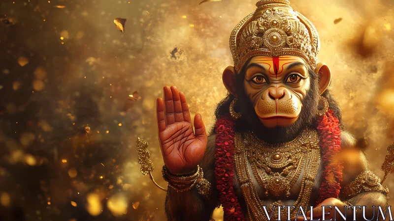 Divine monkey deity idol bathed in radiant golden bokeh glow.