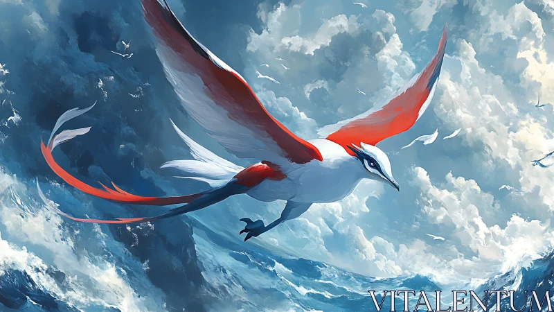 Red and white fantasy seabird soaring above rough ocean waves.
