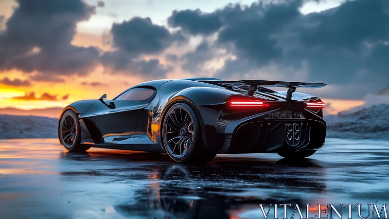 Midnight hypercar prowls a neon sunrise shoreline mirror.