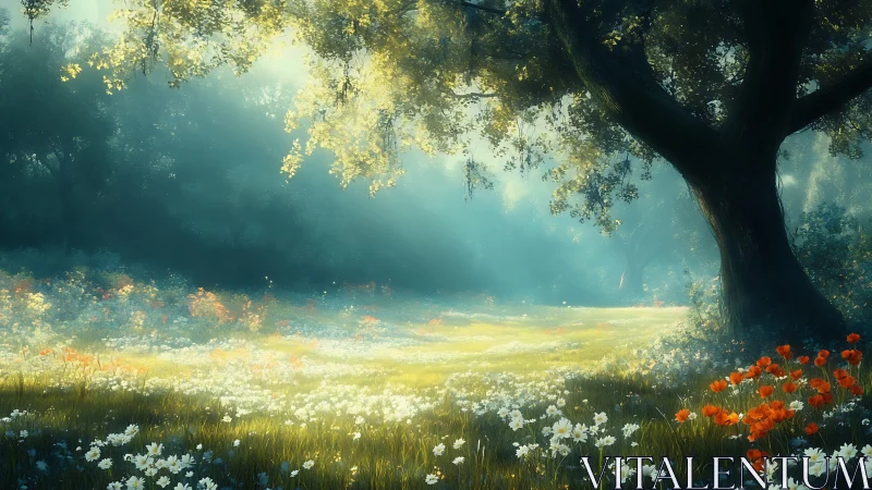 Sunlit meadow dreams bloom beneath an ancient forest guardian.