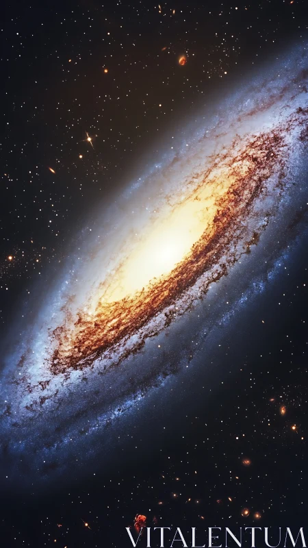 Edge-on spiral galaxy glows with dense golden core.