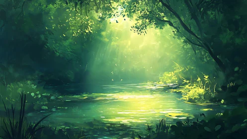 Sunlit forest river dreaming in emerald hush and glow.