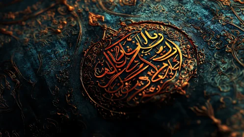 Ornate golden Arabic calligraphy on textured teal metal relief.