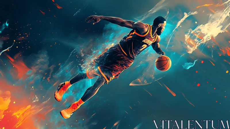 Digital artwork of basketball player in midair movement.