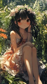 Sunlit anime girl in floral crown amid dense meadow foliage.