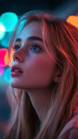 Neon bokeh portrait with cinematic rim lighting and depth cues.