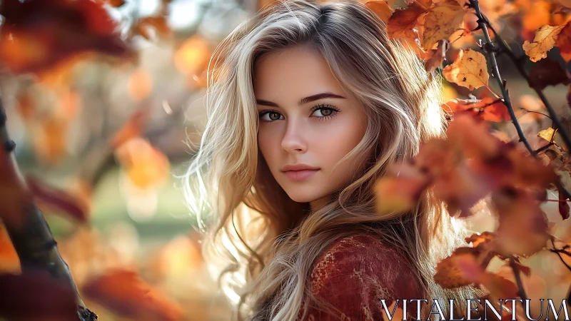 Autumn portrait of blonde young woman amid soft bokeh foliage