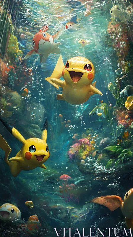Pikachu characters swim through dense, colorful underwater reef