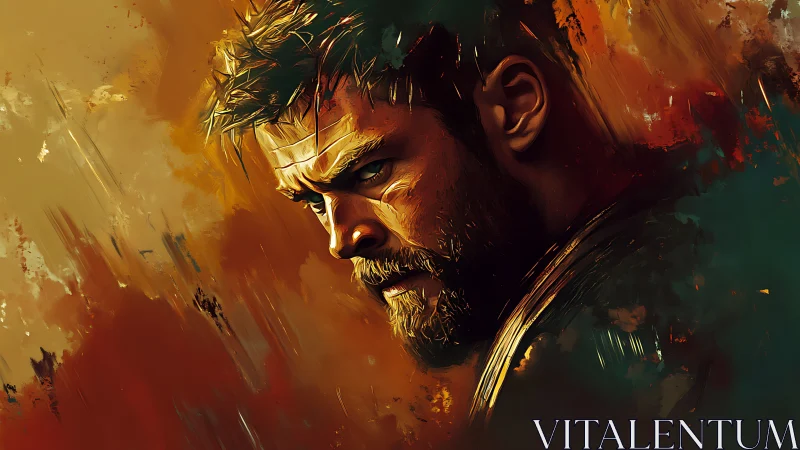 Brooding warrior’s gaze wrapped in fiery painterly light.