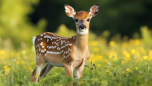 Young spotted fawn standing alert in a yellow meadow field.