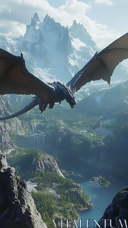 Skyborne dragon gliding above calm emerald valleys.