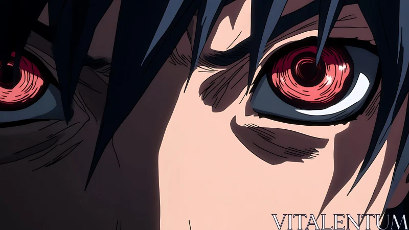 Red-eyed anime warrior glare under sharp shadow focus.