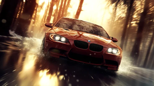 Scarlet BMW powers through blazing winter forest light.